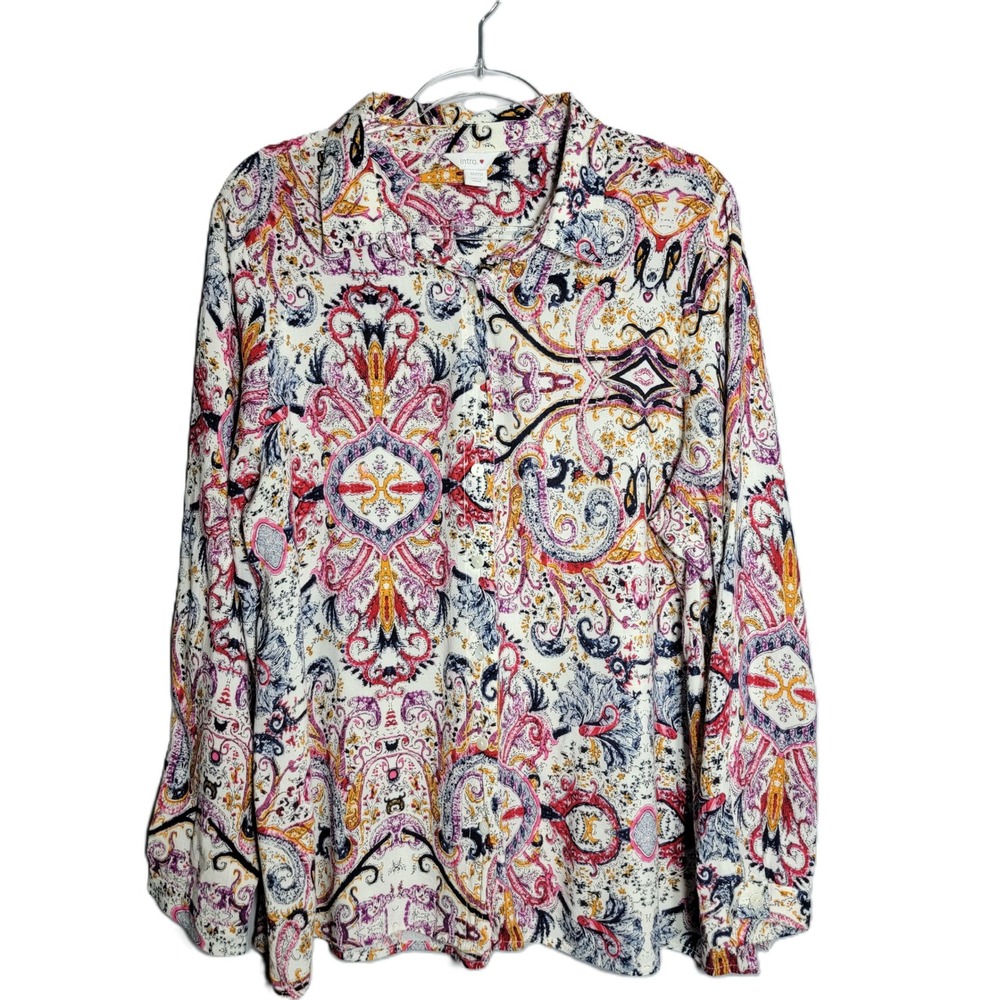 Intro Paisley Print Button Down Shirt Women 18 20 Long Sleeve Rayon Blouse
